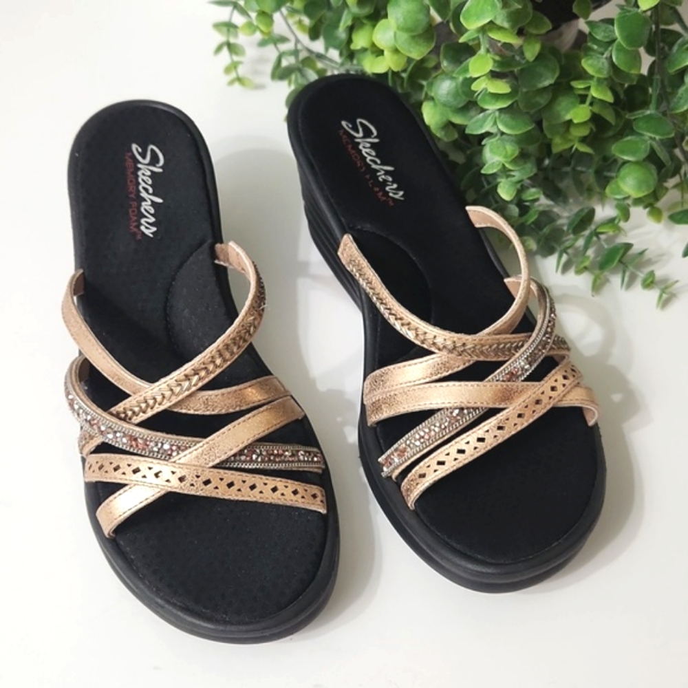 Skechers Lassie Wedge Rose Gold Memory Foam Sandals